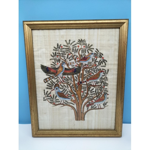 186 - Framed Egyptian Style Papyrus Painting of 'Birds Taking Berries from a Yew Tree'. 55cm x 45cm. Colle... 