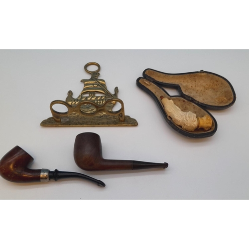 192 - Brass Pipe Holder with 2 x Unmarked Pipes plus a Meerschaum Style Pipe (A/F) in Case.