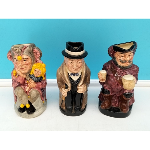 195 - Royal Doulton Toby Jugs (3) 'The Jester' D6910, Winston Churchill and Falstaff. Tallest 14cm.