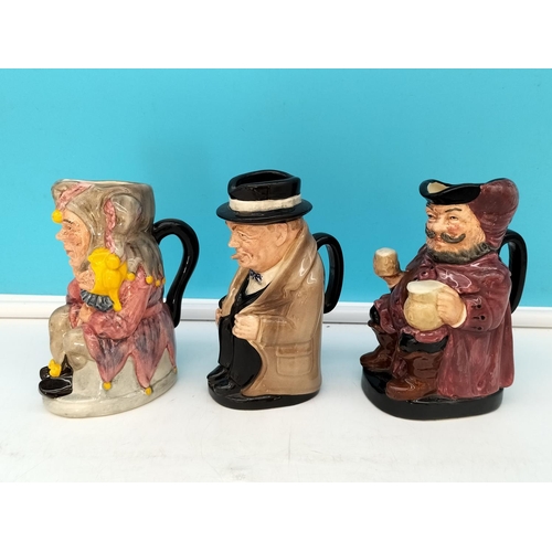 195 - Royal Doulton Toby Jugs (3) 'The Jester' D6910, Winston Churchill and Falstaff. Tallest 14cm.