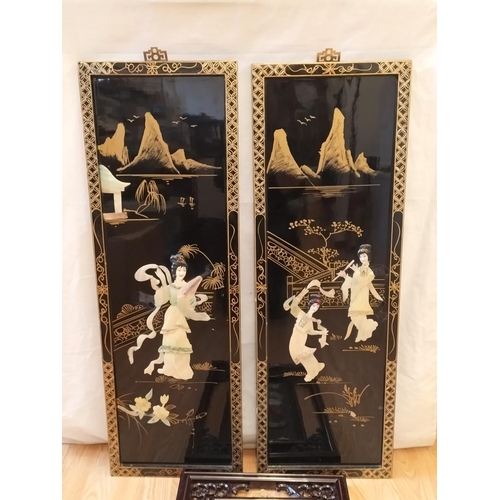 61 - Chinese Scene Lacquered Wall Plaques (2) 92cm x 31cm. One Slight A/F plus Framed Dragon Plaque. Coll... 