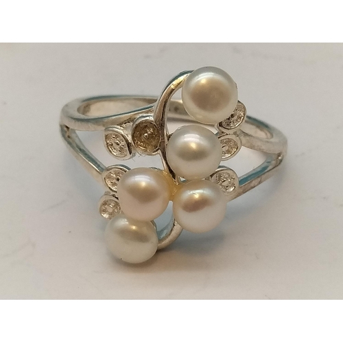 117 - Silver 925 White Pearl Ladies Ring. Size S.