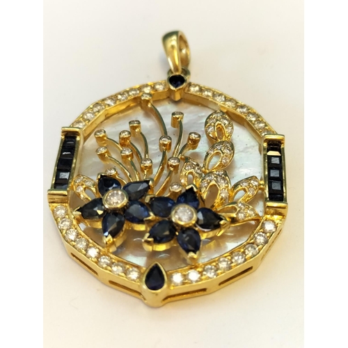 15 - Exquisite 18ct Gold 750 Pendant, Diamond and Sapphire set in the Art Nouveau Style with Mother of Pe... 