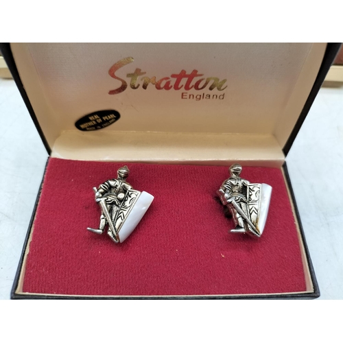 158 - 3 Pairs of Boxed Vintage Stratton Cufflinks to include Knights with Mother of Pearl Shield, etc.