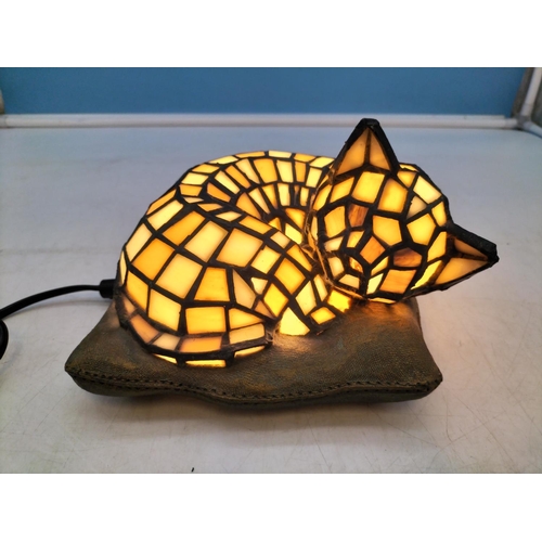 165 - Tiffany Style 'Cat on Cushion' Lamp W/O. 13cm High, 20cm x 17cm.