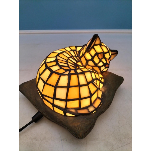 165 - Tiffany Style 'Cat on Cushion' Lamp W/O. 13cm High, 20cm x 17cm.