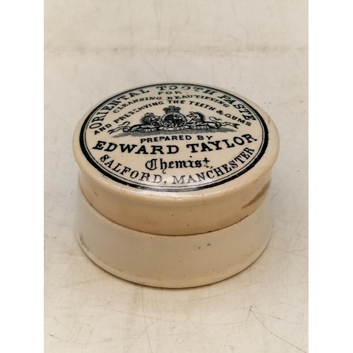 24 - Edward Taylor , Salford Manchester Old Toothpaste Pot. 4cm High, 7cm Diameter. Chip to inside of Lid... 