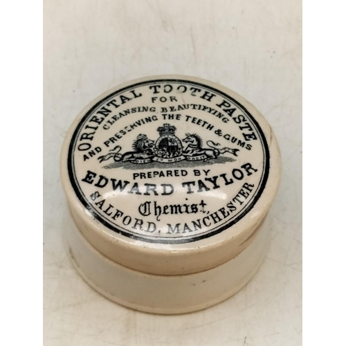 24 - Edward Taylor , Salford Manchester Old Toothpaste Pot. 4cm High, 7cm Diameter. Chip to inside of Lid... 