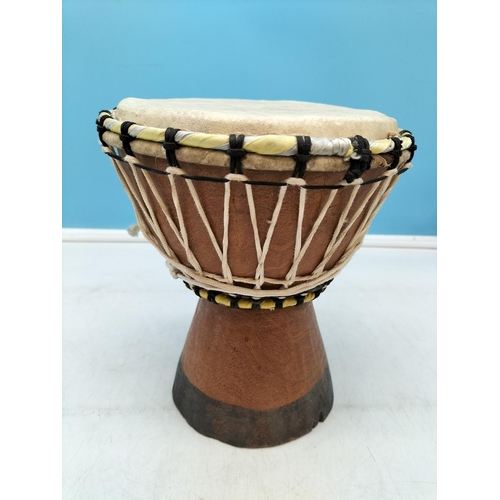 247 - African Djembe Drum (possibly Palm Wood or Coconut) with Hide Drumhead, slight A/F. 24cm High, 20cm ... 