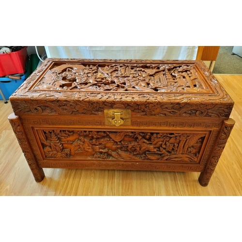 46 - Heavily Carved Oriental Blanket Chest/Storage Box. 59cm High, 107cm x 57cm. Collection Only.