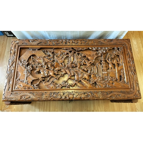 46 - Heavily Carved Oriental Blanket Chest/Storage Box. 59cm High, 107cm x 57cm. Collection Only.