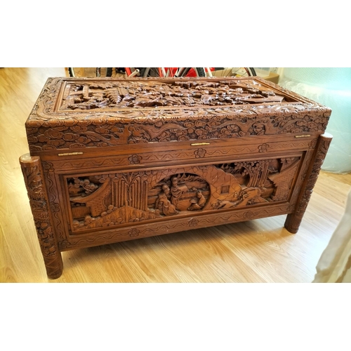 46 - Heavily Carved Oriental Blanket Chest/Storage Box. 59cm High, 107cm x 57cm. Collection Only.