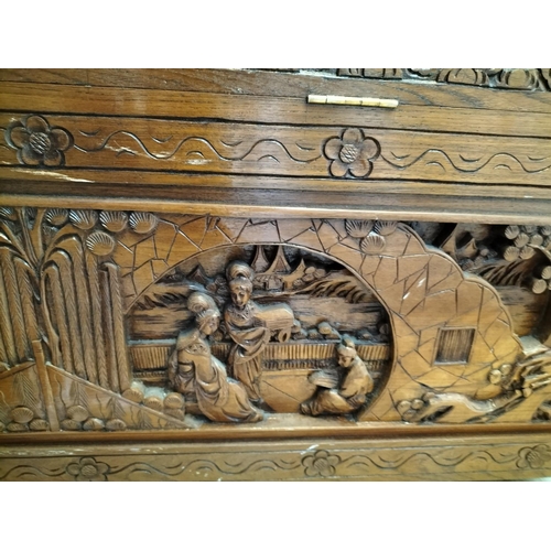 46 - Heavily Carved Oriental Blanket Chest/Storage Box. 59cm High, 107cm x 57cm. Collection Only.