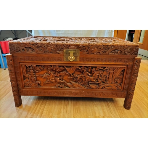 46 - Heavily Carved Oriental Blanket Chest/Storage Box. 59cm High, 107cm x 57cm. Collection Only.