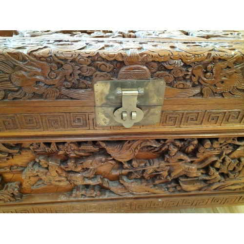 46 - Heavily Carved Oriental Blanket Chest/Storage Box. 59cm High, 107cm x 57cm. Collection Only.