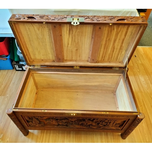 46 - Heavily Carved Oriental Blanket Chest/Storage Box. 59cm High, 107cm x 57cm. Collection Only.