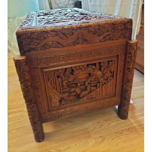 46 - Heavily Carved Oriental Blanket Chest/Storage Box. 59cm High, 107cm x 57cm. Collection Only.