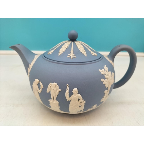 76 - Wedgwood Blue Jasper Teapot. 14cm High, 22cm Spout to Handle.