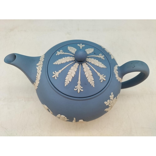 76 - Wedgwood Blue Jasper Teapot. 14cm High, 22cm Spout to Handle.