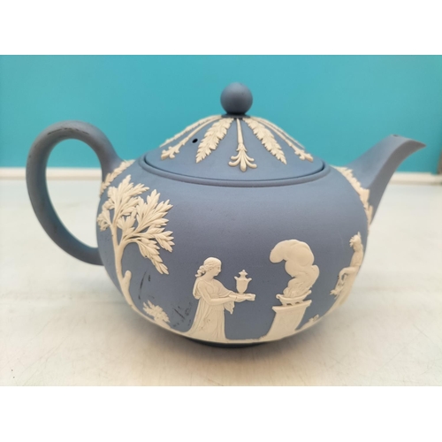 76 - Wedgwood Blue Jasper Teapot. 14cm High, 22cm Spout to Handle.