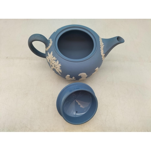 76 - Wedgwood Blue Jasper Teapot. 14cm High, 22cm Spout to Handle.