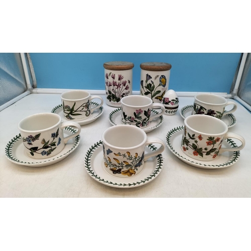 79 - Portmerion 'Botanic Garden' Cups and Saucers (6), 14cm Storage Jars (2) plus Egg Trinket Pot.