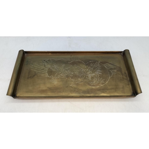 85 - Brass Footed Rectangular Tray with Handles. With 4 Claw Dragon Design. 4cm High, 38cm x 16cm.