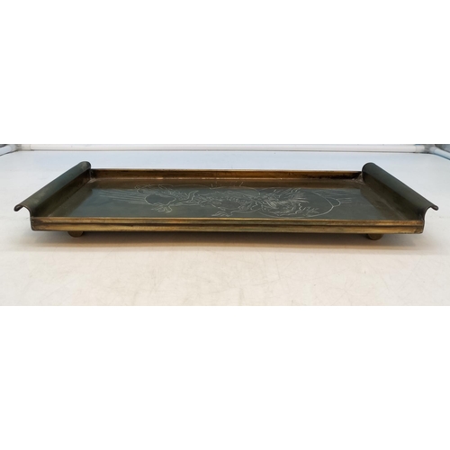 85 - Brass Footed Rectangular Tray with Handles. With 4 Claw Dragon Design. 4cm High, 38cm x 16cm.