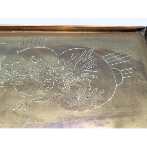 85 - Brass Footed Rectangular Tray with Handles. With 4 Claw Dragon Design. 4cm High, 38cm x 16cm.