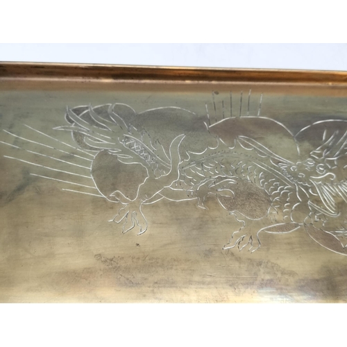 85 - Brass Footed Rectangular Tray with Handles. With 4 Claw Dragon Design. 4cm High, 38cm x 16cm.