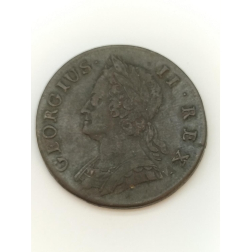 173 - George II 1742 Half Penny. Excellent Detail.