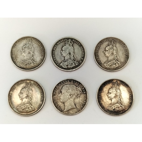 181 - Silver Victorian Shillings (6) - 1849-1887.