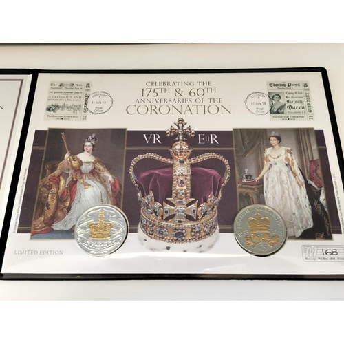 186 - 2 x Double £5 Coin and Stamp Sets - Coronation (Limited Issue to 250) and Longest Reign (Limited Iss... 