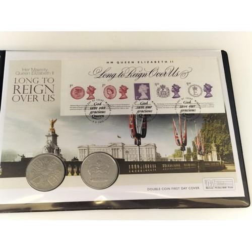 186 - 2 x Double £5 Coin and Stamp Sets - Coronation (Limited Issue to 250) and Longest Reign (Limited Iss... 