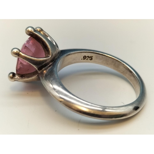 220A - 925 Silver Ring set with Solitaire Pink Stone. Size M.