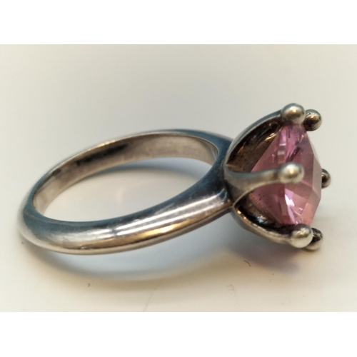 220A - 925 Silver Ring set with Solitaire Pink Stone. Size M.