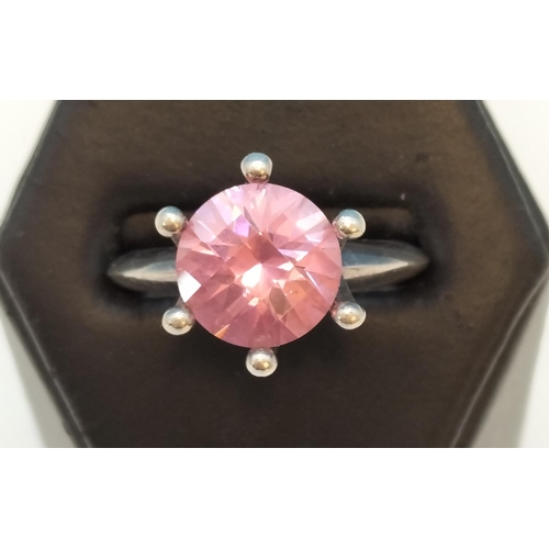 220A - 925 Silver Ring set with Solitaire Pink Stone. Size M.