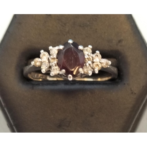 40A - Birmingham Hallmarked Silver Ring set with Garnet and Clear Stones. Size Q.