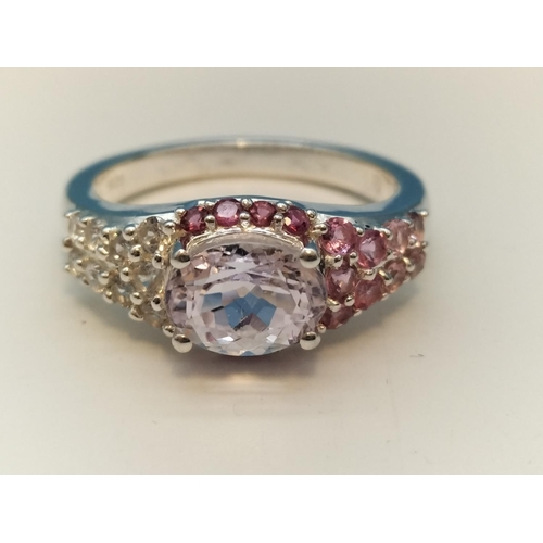 60A - 925 Silver Ring set with Pink and Clear Stones. Size N+.