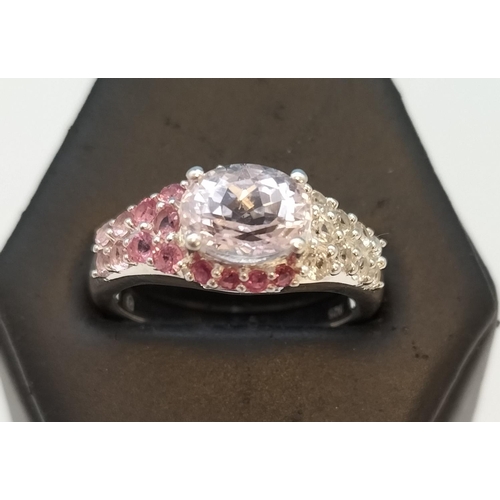 60A - 925 Silver Ring set with Pink and Clear Stones. Size N+.