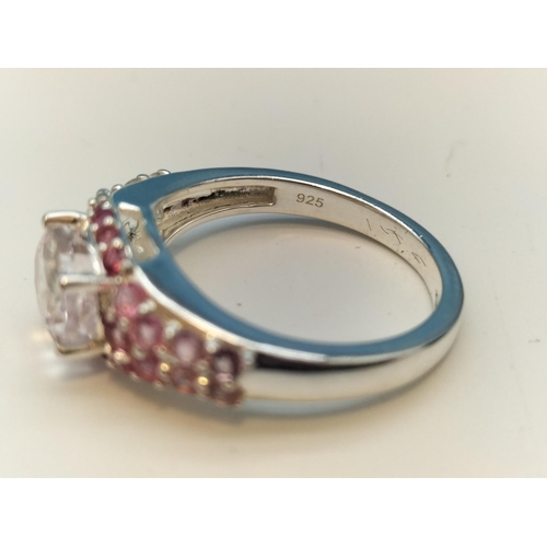 60A - 925 Silver Ring set with Pink and Clear Stones. Size N+.