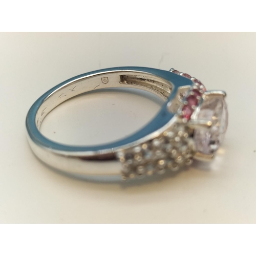 60A - 925 Silver Ring set with Pink and Clear Stones. Size N+.