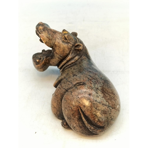 704 - Vintage Hard Stone Carved Hippo Figure. 9cm High x 17cm.