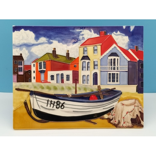 96 - Tubelined Ceramic Tile with Boat Scene. 35cm x 28cm.