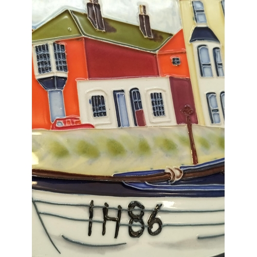 96 - Tubelined Ceramic Tile with Boat Scene. 35cm x 28cm.