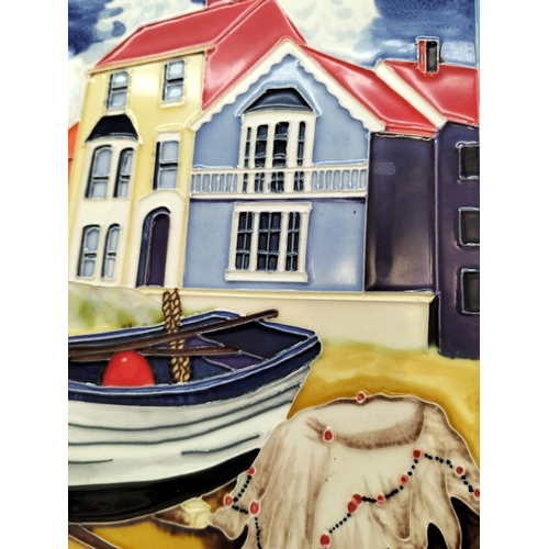 96 - Tubelined Ceramic Tile with Boat Scene. 35cm x 28cm.