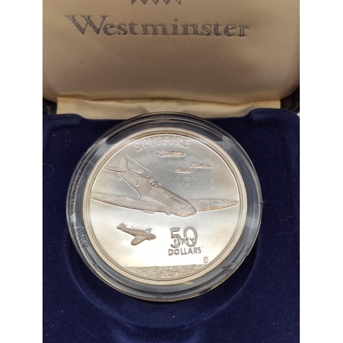 232 - RAF WWII Spitfire .999 Silver Proof 50 Dollars Coin, Marshall Islands 1991.