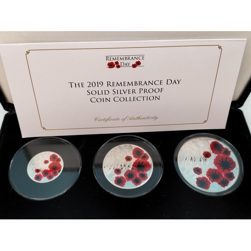 281 - Jubilee Mint '2019 Remembrance Day' Solid Silver Proof Coin Set, £1, £2 and £5 in Presentation Case ... 