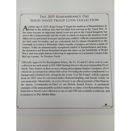 281 - Jubilee Mint '2019 Remembrance Day' Solid Silver Proof Coin Set, £1, £2 and £5 in Presentation Case ... 