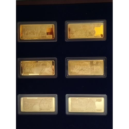 284 - Set of 6 24kt Gold Plated British Bank Note Ingots, £5, £10, £20 and £50 Denominations in Wooden Pre... 